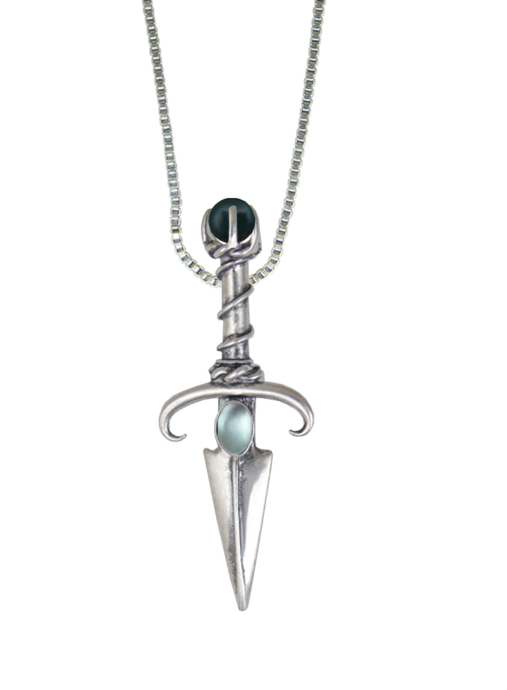 Sterling Silver Black Prince's Knife Dagger Pendant With Blue Topaz And Bloodstone